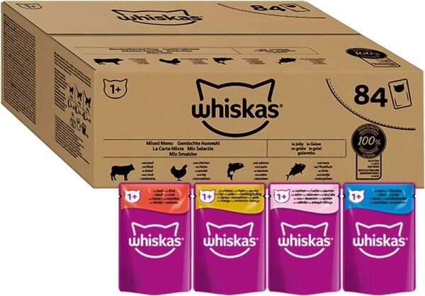 Whiskas 1+ Adult Mixed Selection in Jelly 84 Pouches, Adult Wet Cat Food, Megapack (84 x 85 g)